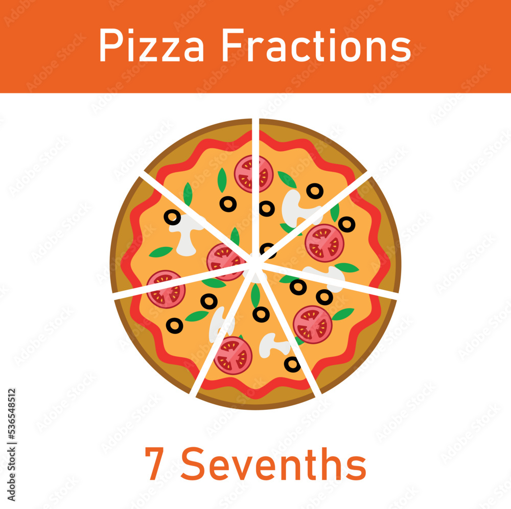 Fototapeta premium Seven sevenths pizza fractions. Fraction for kids. Pizza slices. Fraction fun with pizza. vector illustration isolated on white background.