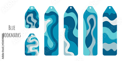 Set of 6 bookmarks templates in blue color palette. Modern abstract waves in flat-lay style. Bookmarks for man and woman. Flat illustration. Isolated on white background.