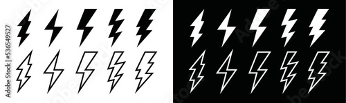Lightning bolt or thunderbolt for electric current icon vector set. Silhouette flash symbol flat 