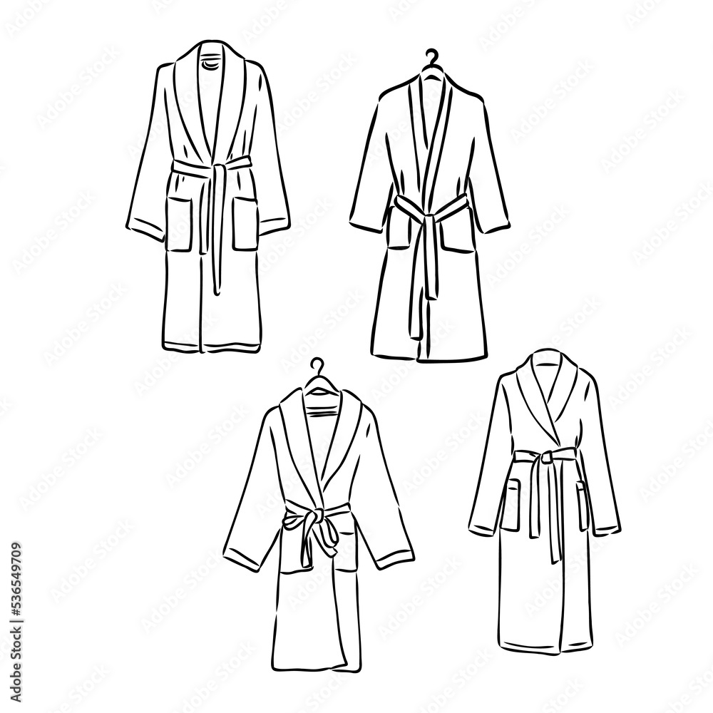 dressing gown, bathrobe fashion flat sketch vector illustration unisex self belt bathrobe template isolated illustration on white background. CAD mockup.