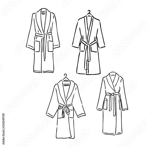 dressing gown, bathrobe fashion flat sketch vector illustration unisex self belt bathrobe template isolated illustration on white background. CAD mockup.