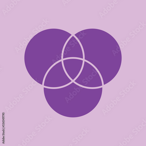 Intersection of three sets circles. Venn diagram of 3 sets. vector illustration on violet background.