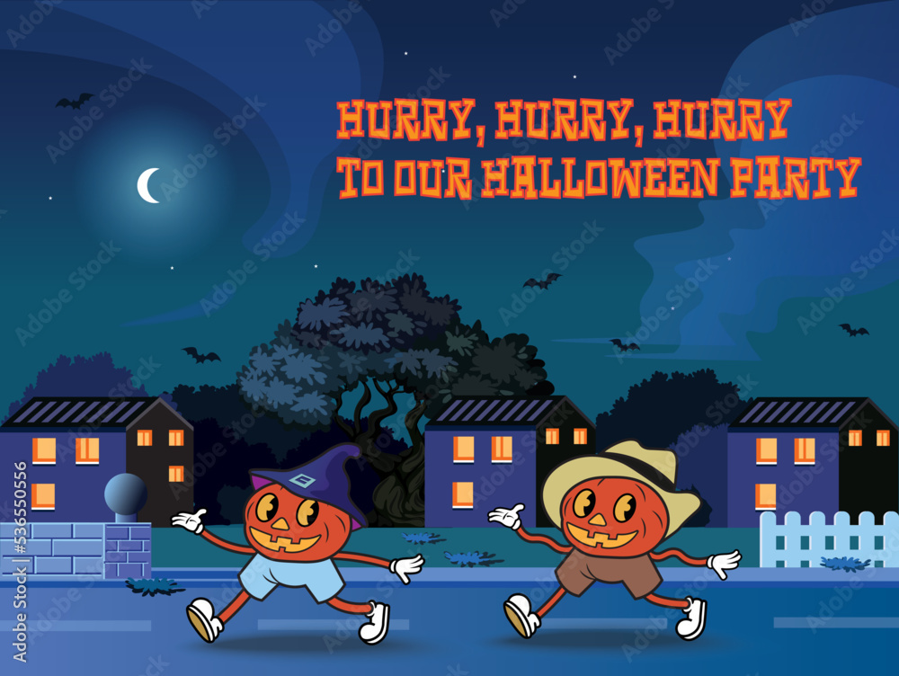 Φωτογραφία Vintage cartoon style flat characters of a Halloween pumpkin with rubber hose arms and legs, spooky mascots in witch hats, holiday sticker