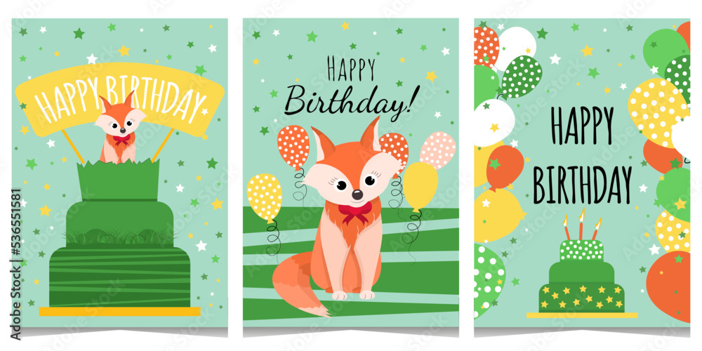 Fototapeta premium Set of three vector cards for children's birthday.Boy and girl birthday card in A4 vertical format with little fox, balloons and cake in green, yellow and orange colors. Isolated on white background.