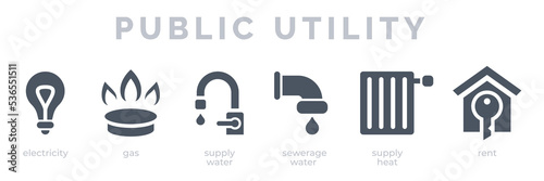 Public Utilities. A set of icons: electricity, gas, water supply and sewage, heating, rent. photo