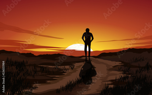Vector illustration of a man walking alone toward the sunset