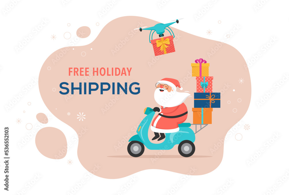 Fototapeta premium Christmas and holidays online delivery service concept, online order tracking, delivery home and office. Warehouse, truck, drone, scooter and bicycle courier Santa Claus