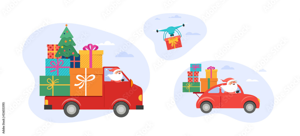 Christmas and holidays online delivery service concept, online order tracking, delivery home and office. Warehouse, truck, drone, scooter and bicycle courier Santa Claus