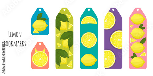 Set of 6 colorful bookmarks templates with lemon illustration. Bookmarks for man and woman. Flat illustration. Isolated on white background.