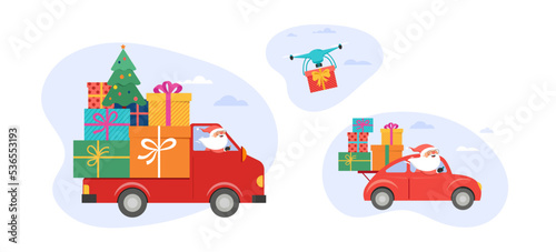 Christmas and holidays online delivery service concept, online order tracking, delivery home and office. Warehouse, truck, drone, scooter and bicycle courier Santa Claus