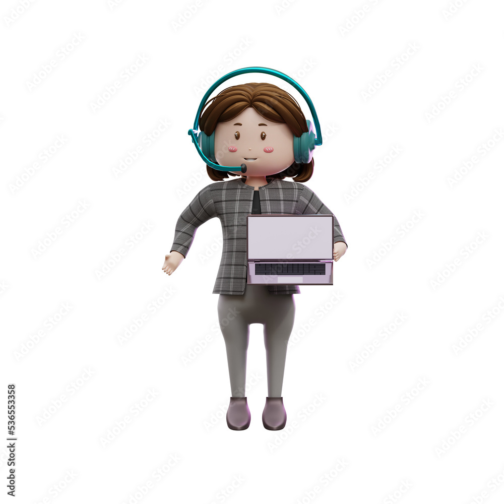 3d illustration female customer service holding laptop 3d illustration female customer service holding laptop