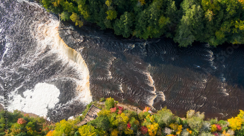 Aerial view of the Tahquamenon waterfall in the Fall