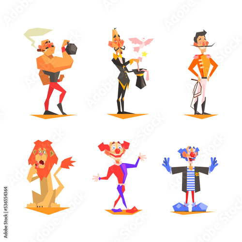 Circus Artist Character with Strongman, Lion Animal and Magician Showing Trick with Top Hat Vector Set