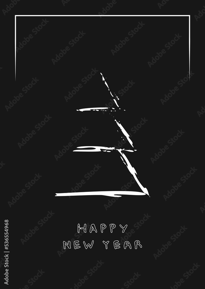 Obraz premium Postcard for the New Year, silhouette of a white Christmas tree on a black background