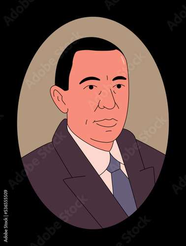 Vector outline illustration of Sergey Rakhmaninov. Black background.