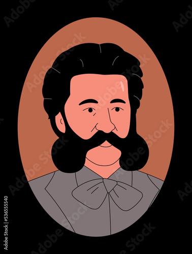 Vector outline illustration of Johann Baptist Strauss. Black background.