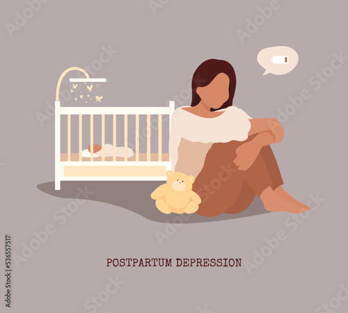 Postpartum depression. woman without energy, with empty battery sitting near crib with sleeping baby. Mental heath support concept. 