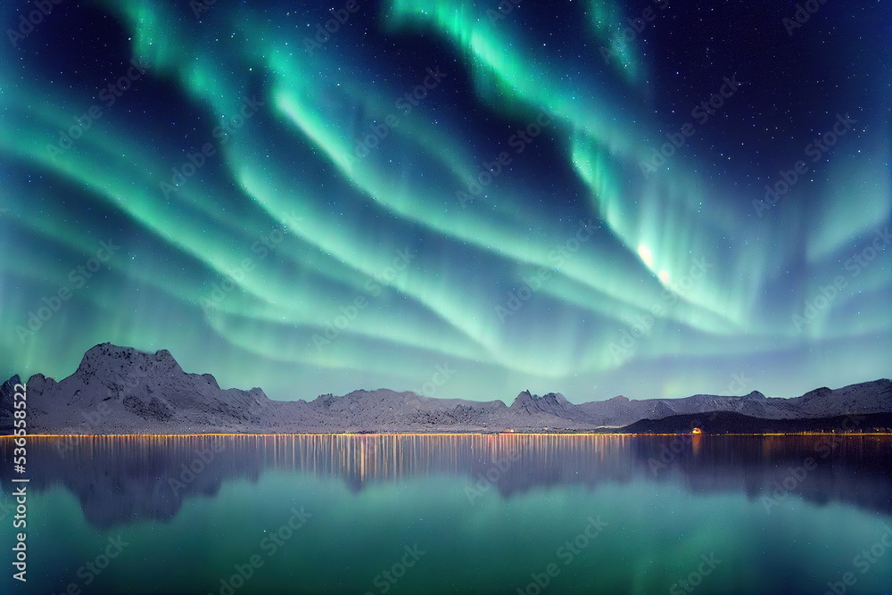 Aurora borealis northern lights over the lake, water reflection, starry sky Aurora borealis northern lights over the lake, water reflection, starry sky