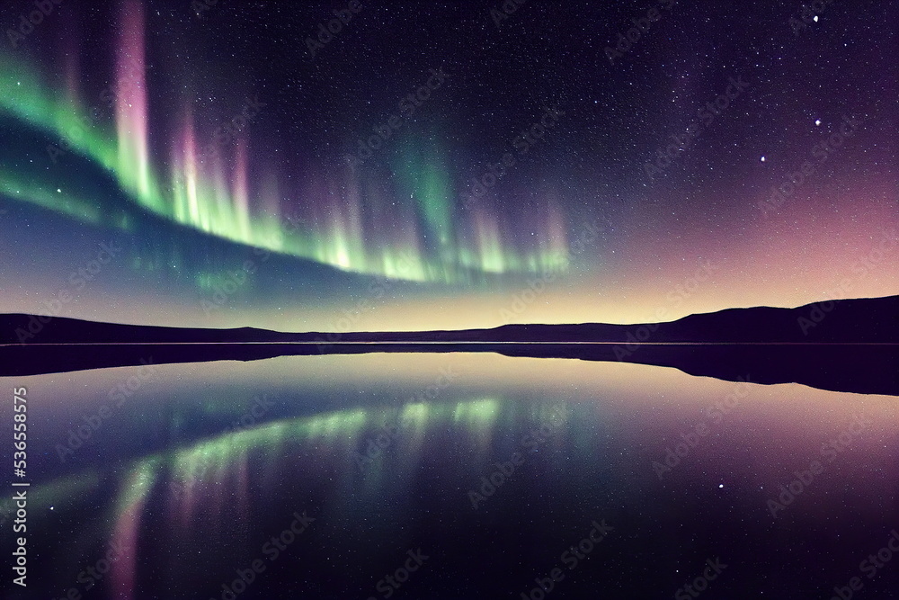 Aurora borealis northern lights over the lake, water reflection, starry sky
