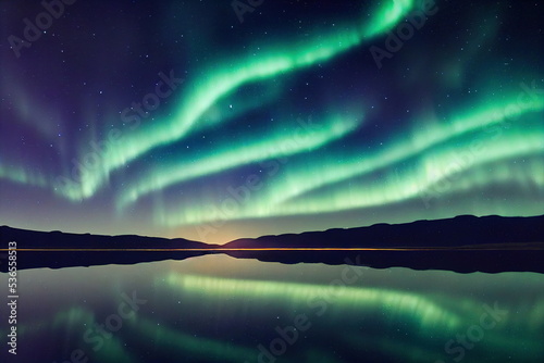 Aurora borealis northern lights over the lake, water reflection, starry sky