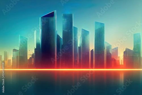 Futuristic city skyline with water reflection  clear blue sky  cg illustration