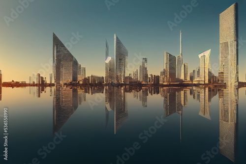 Futuristic city skyline with water reflection  clear blue sky  cg illustration
