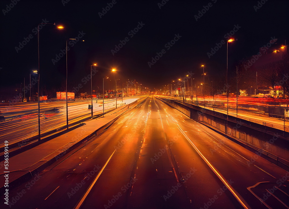 Night city lights, long exposure vehicle lights, cg illustration