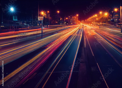 Night city lights, long exposure vehicle lights, cg illustration