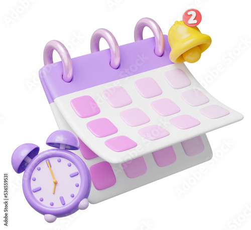 3D Calendar reminder icon. Purple calender with empty date, bell, clock floating on transparent. Scheduled, event, holiday plan, business notification concept. Cartoon icon smooth. 3d rendering.