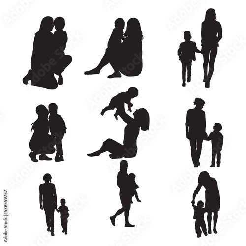 Mother and son silhouettes  Mother and child silhouette set