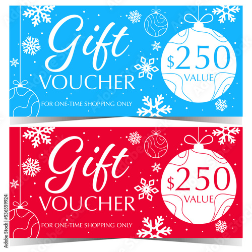 Christmas gift voucher or New Year gift certificate for winter sale and discount shopping season. Horizontal vector illustration of gift coupon with white Christmas ball on blue or red background.