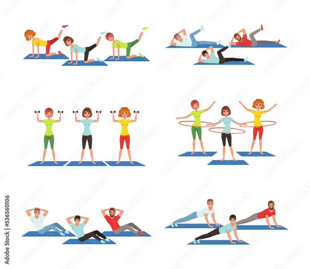 Young Male and Female Doing Physical Exercises on Mat During Aerobics Class Vector Set