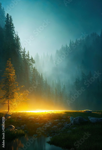 Beautiful forest sunset landscape, lush green foliage, sun shines through the leaves, garden of eden © Gbor