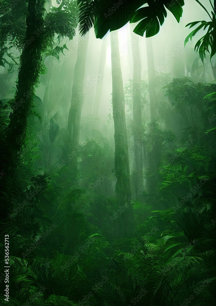 tropical misty Jungle rainforest nature environment, lush green foliage