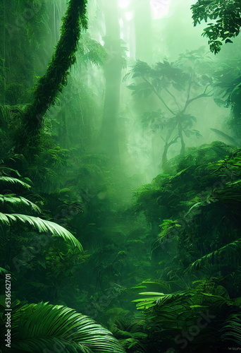 tropical misty Jungle rainforest nature environment, lush green foliage