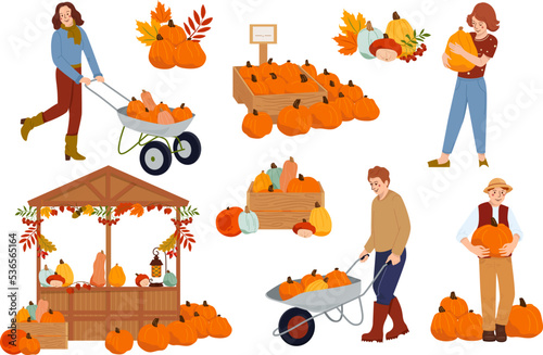 Stall with pumpkins on market and farmers showing home grown pumpkins. Man and woman with harvested fresh pumpkins. Fall holiday illustration set. Collection of vector cartoon character in flat style