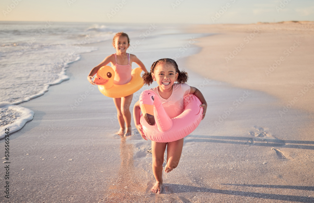 Girls running, kids and beach holiday, vacation or summer trip in Mexico. Travel, portrait and children on sandy ocean sea shore having fun, excited and happy smile together trying to catch waves. - obrazy, fototapety, plakaty 