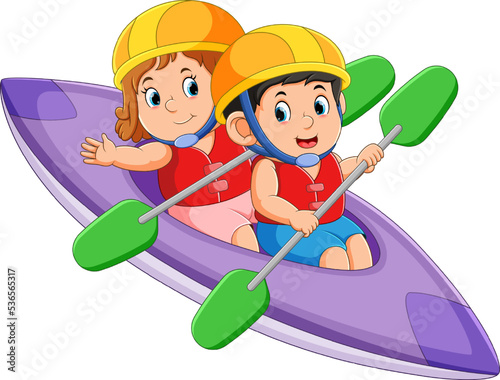 The boy and girl are rowing the canoe with the paddle