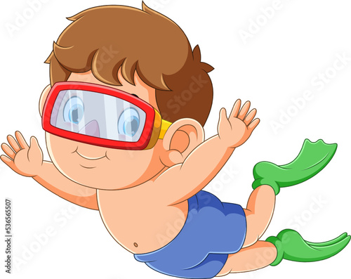 The boy is diving and waving the hand with the happy expression