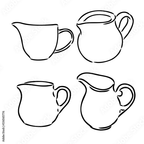 Milk jug silhouette. Creamer jug for serving with coffee or tea. Tradition of drinking coffee with milk. Tea time. Design element for cafes, food delivery sites and restaurants. Sketch, linear drawing