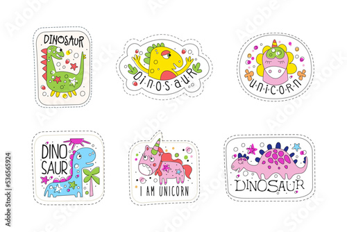Cute Dinosaur and Unicorn Patches and Stickers Vector Set