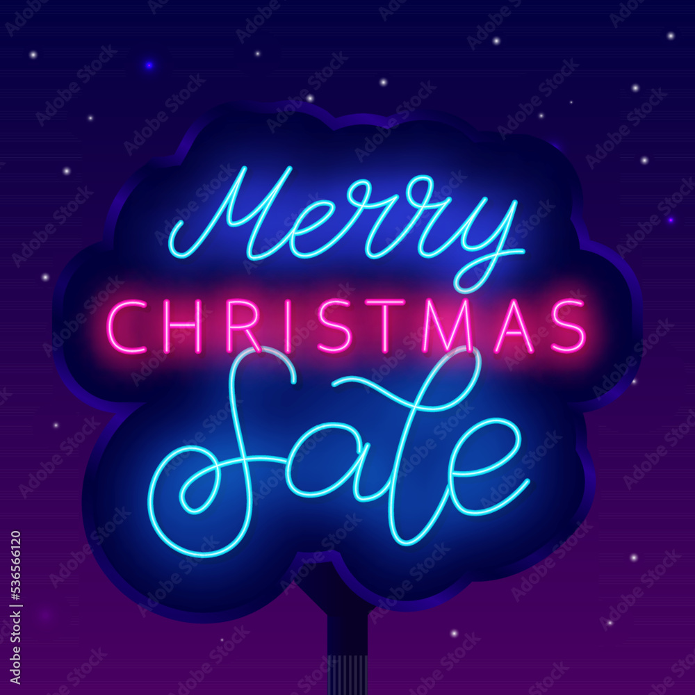 Merry Christmas sale neon street billboard. Luminous advertising. Holiday special offer emblem. Vector illustration Merry Christmas sale neon street billboard. Luminous advertising. Holiday special offer emblem. Vector illustration
