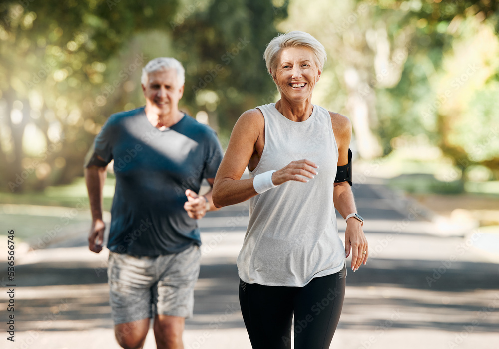 Retirement, couple and running fitness health for body and heart wellness with natural ageing. Married, mature and senior people enjoy nature run together for cardiovascular vitality workout. - obrazy, fototapety, plakaty 