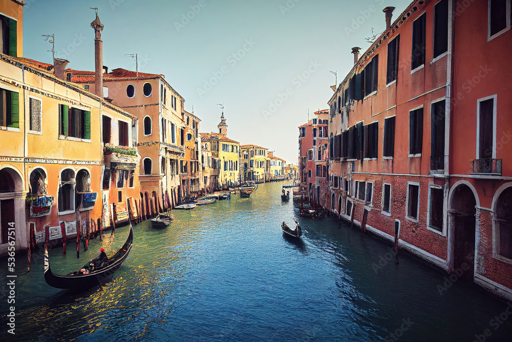 Obraz premium Italy Venice canals, colorful buildings, blue water, celar sky, gondolas