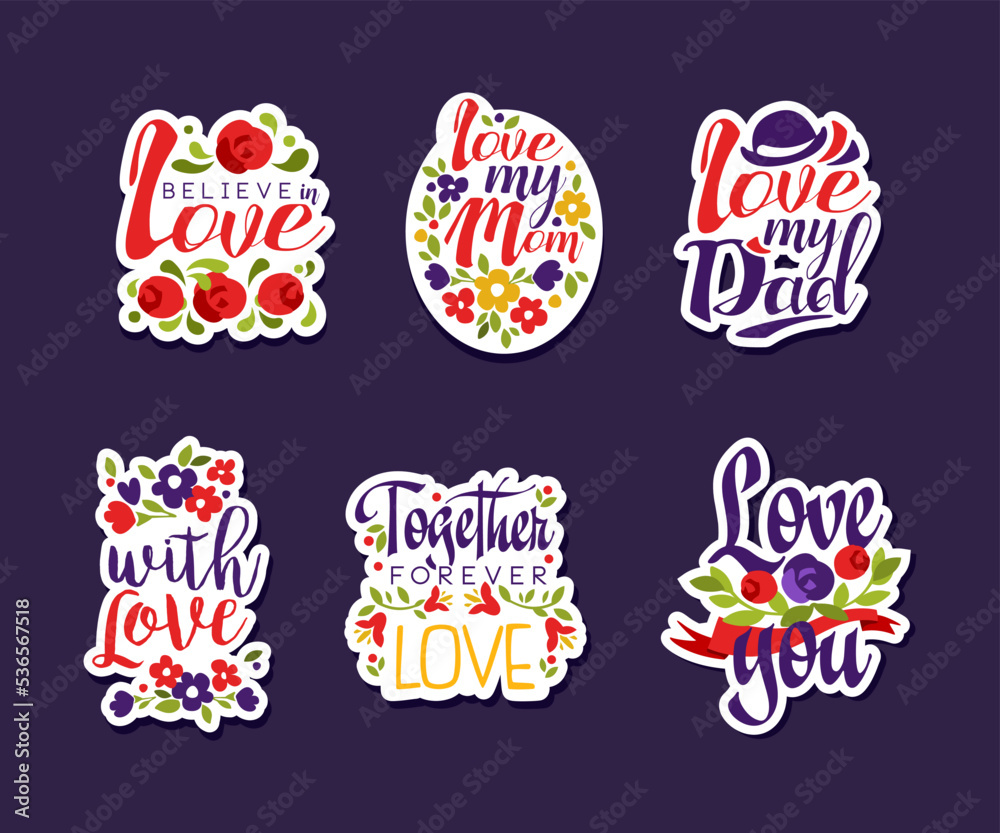 Love Lettering Sticker and Badges with Flowers Vector Set
