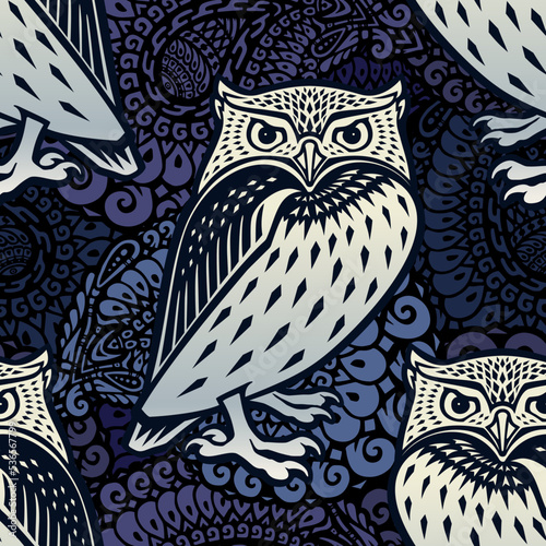 Seamless pattern with an owl in ethnic style. Vector illustration.