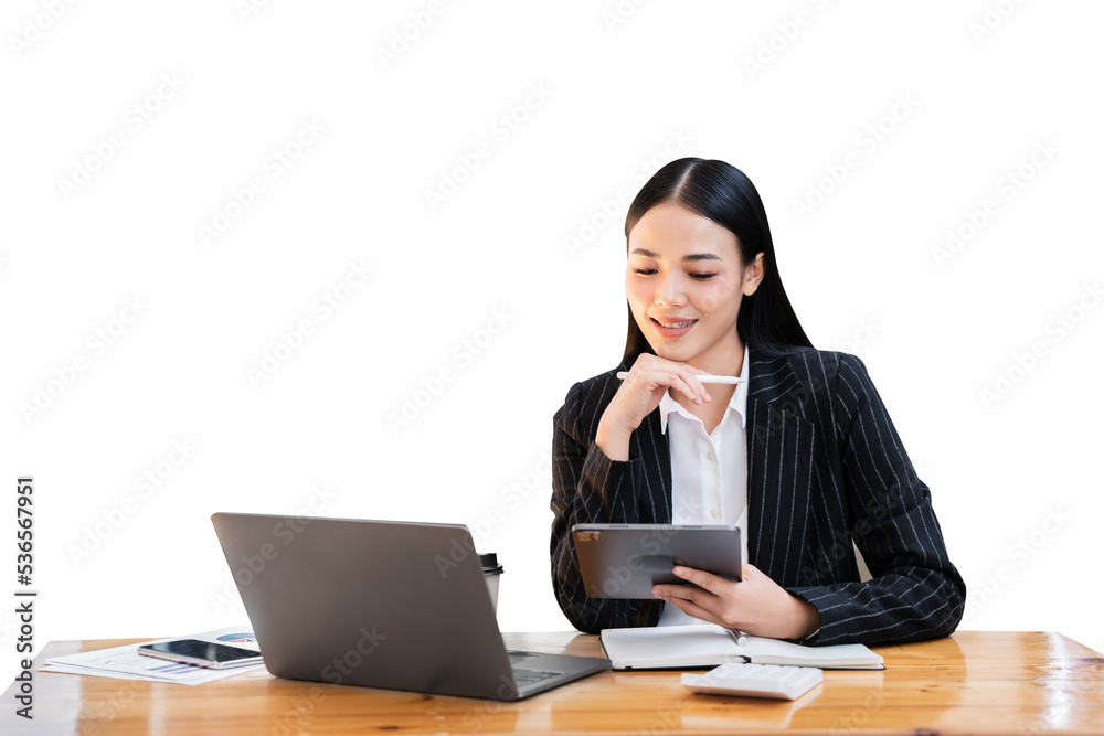 Beautiful Asian business woman typing laptop and tablet Placed at the table at the office. PNG Beautiful Asian business woman typing laptop and tablet Placed at the table at the office. PNG