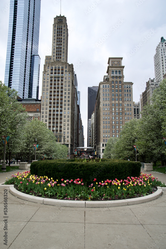 CHICAGO, ILLINOIS, UNITED STATES - 12 May 2018: View from Millennium Park into the urban canyons of downtown Chicago with train in the background CHICAGO, ILLINOIS, UNITED STATES - 12 May 2018: View from Millennium Park into the urban canyons of downtown Chicago with train in the background
