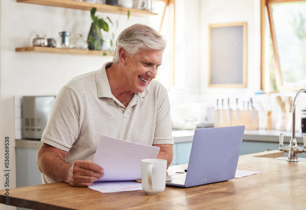 Senior man, smile and laptop working in kitchen getting good news about income, investments or insurance at home. Happy elderly male investor reading email on computer for planning online retirement Senior man, smile and laptop working in kitchen getting good news about income, investments or insurance at home. Happy elderly male investor reading email on computer for planning online retirement