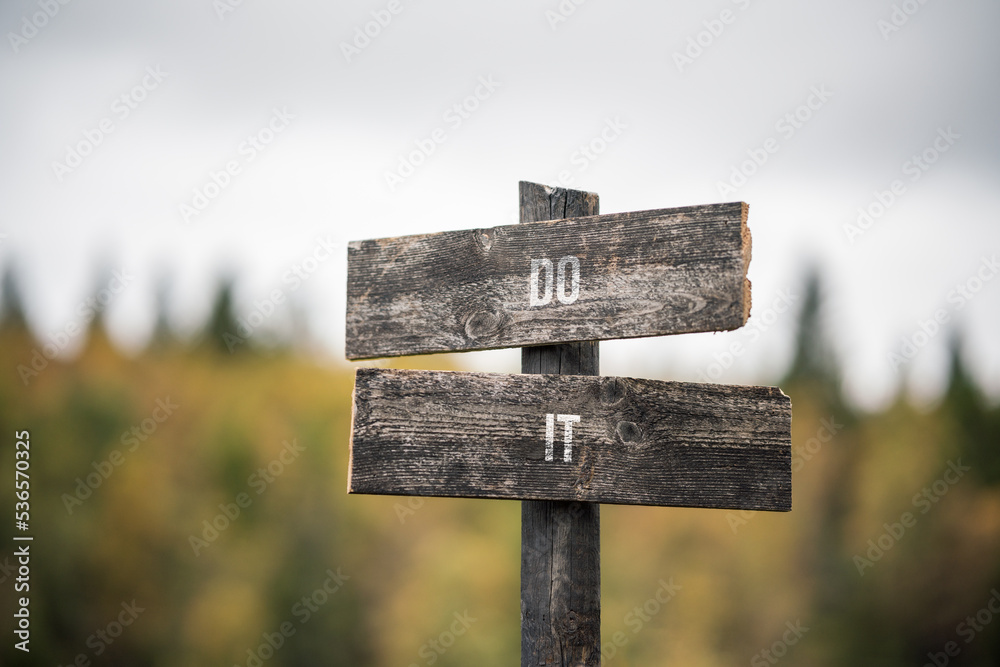 vintage and rustic wooden signpost with the weathered text quote do it, outdoors in nature. blurred out forest fall colors in the background.